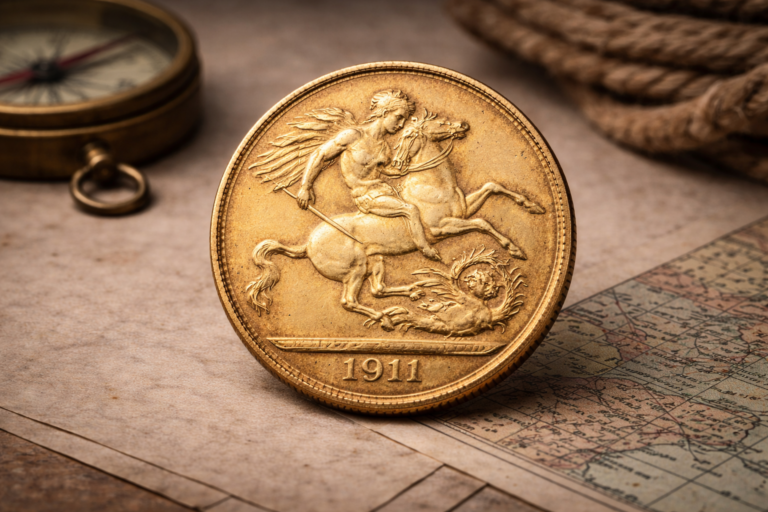 Close view of a British gold sovereign showing the Saint George and the Dragon design and aged gold surface.