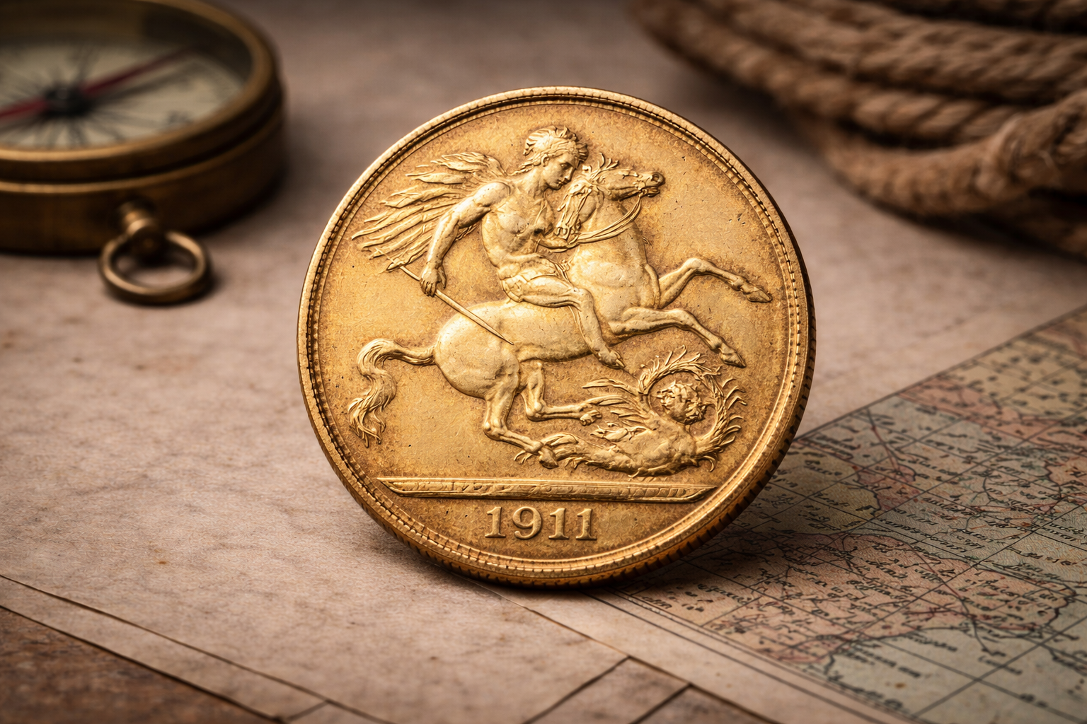 Close view of a British gold sovereign showing the Saint George and the Dragon design and aged gold surface.