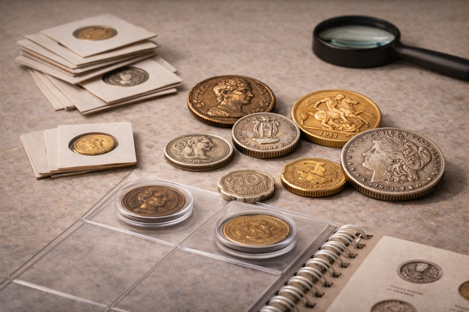 Close view of a beginner coin collecting setup showing assorted coins and basic storage methods.