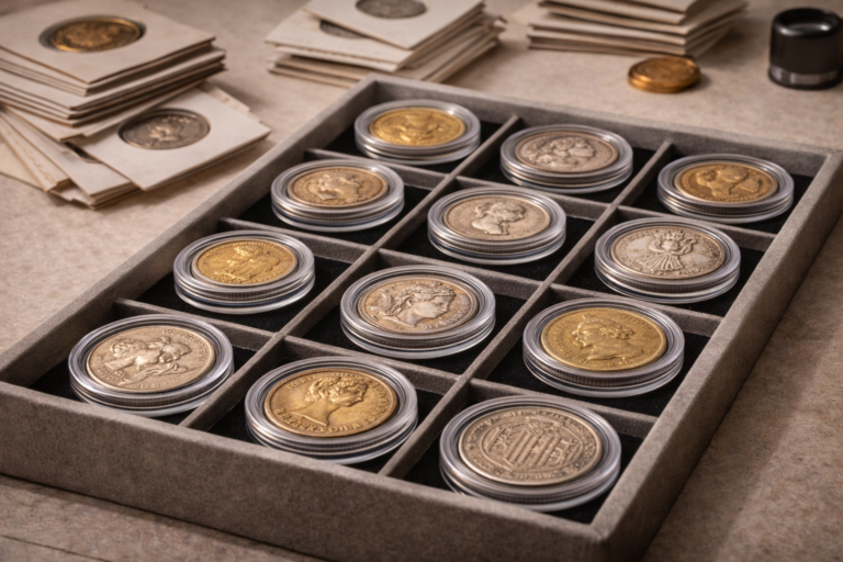 Close view of a coin collection stored in protective holders and archival trays to prevent damage.