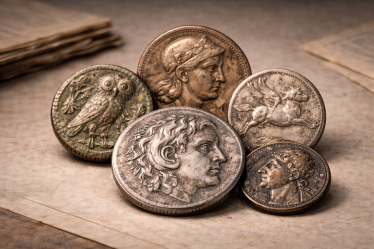 Close view of a small selection of ancient coins showing aged surfaces and worn historical engravings.
