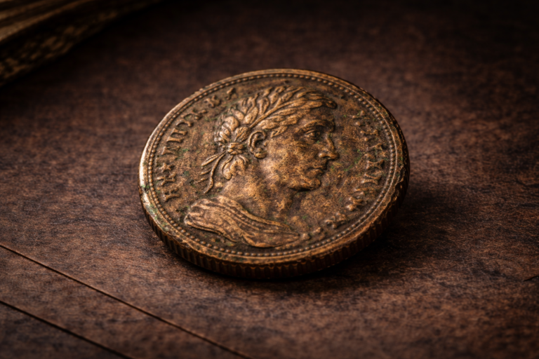 Close view of an ancient Roman bronze coin showing heavy wear, deep patina, and aged imperial imagery.