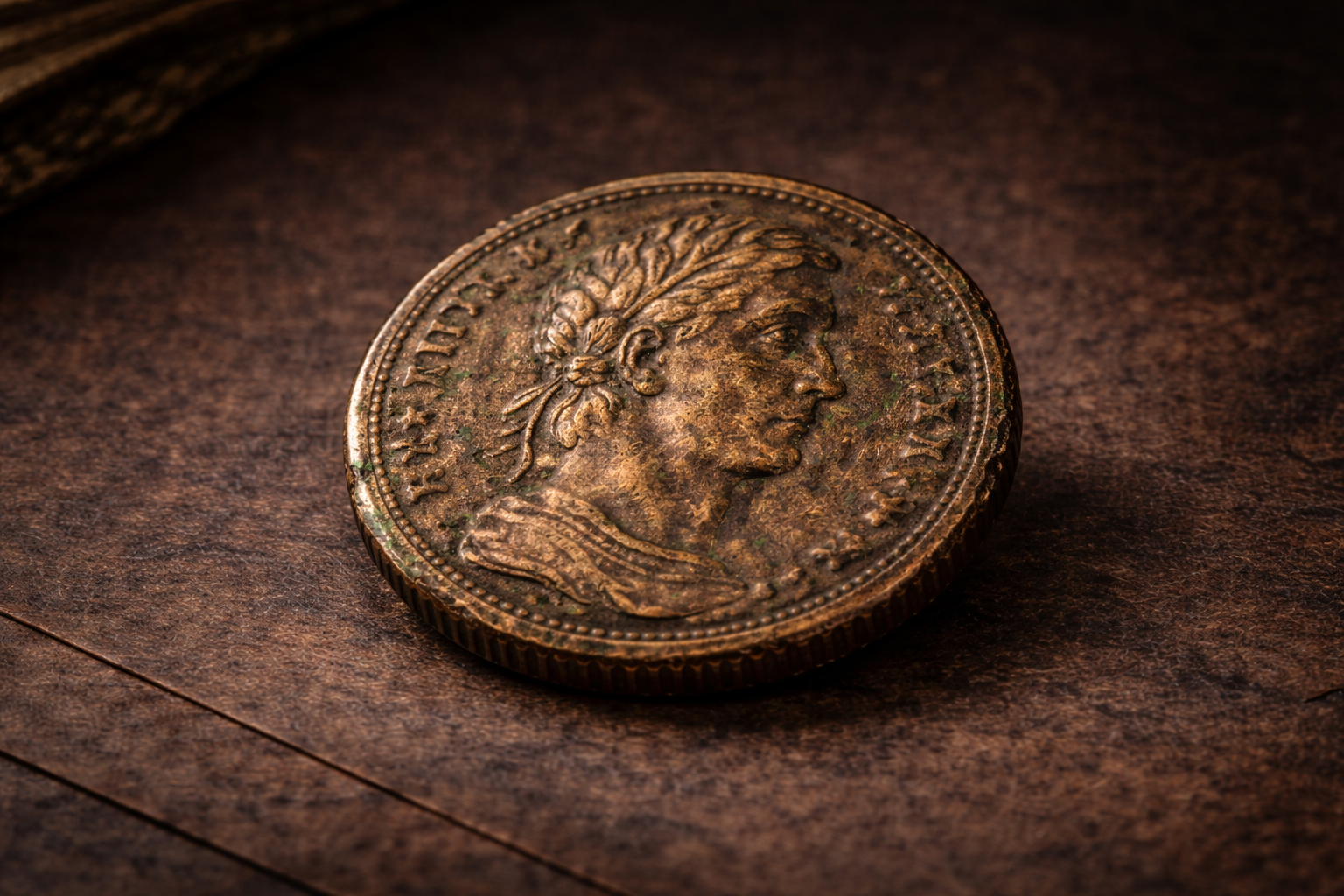 Close view of an ancient Roman bronze coin showing heavy wear, deep patina, and aged imperial imagery.