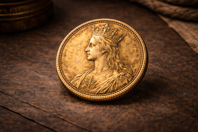 Close view of an ancient gold coin showing regal engravings and aged surface patina.
