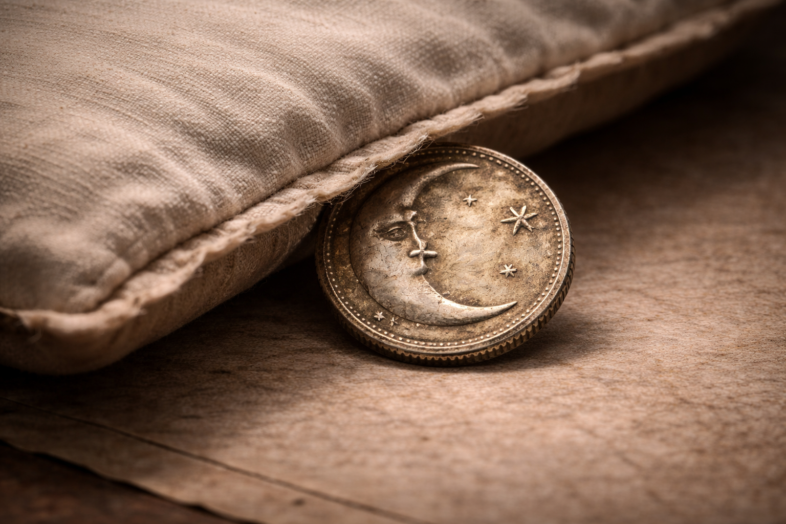 Close view of an old coin partially tucked beneath pillow fabric with aged metal surface.