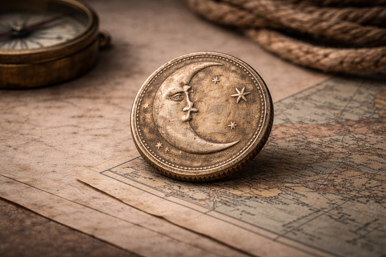 Close view of an old coin showing layered wear and aged surface patina from long circulation.