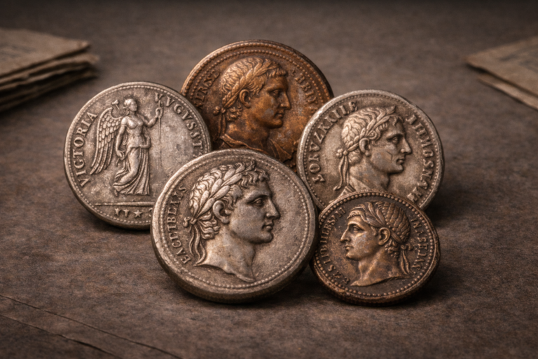 Close view of ancient Roman coins showing imperial portraits and symbolic imagery used to convey power.