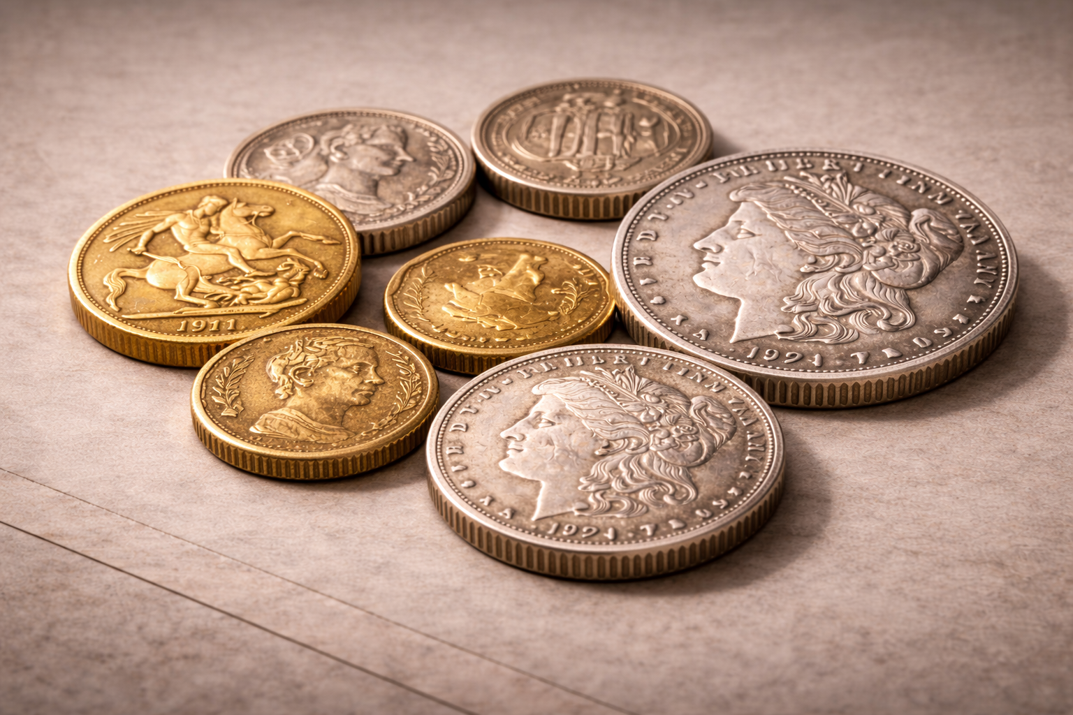 Close view of gold and silver coins showing natural luster and preserved metal surfaces.