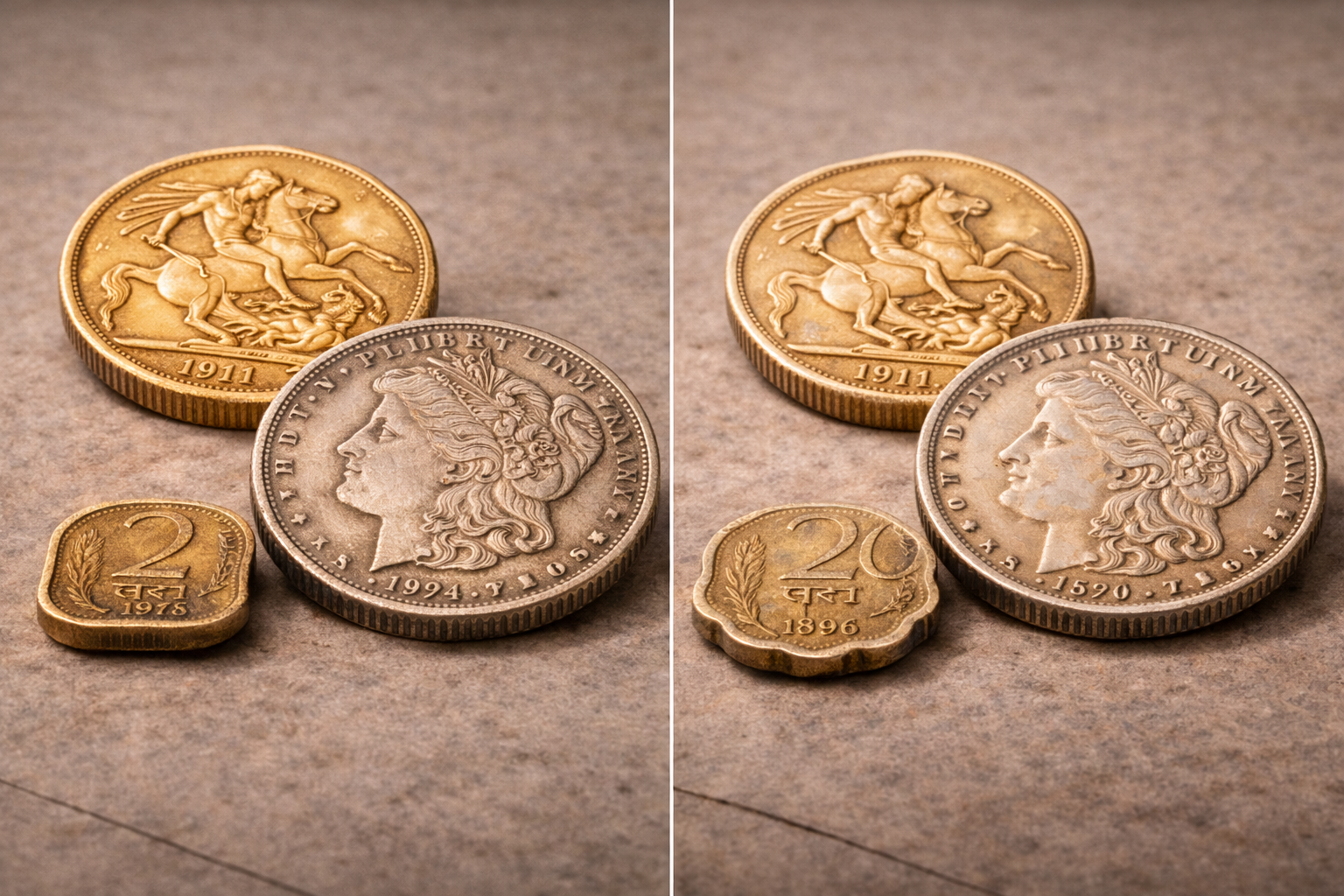 Close view of gold and silver coins showing visual differences that help identify genuine and counterfeit examples.
