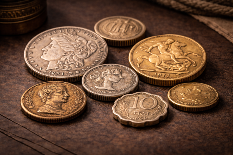 Close view of historic coins from different eras showing aged surfaces and worn engravings.