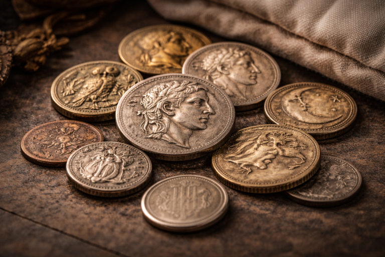 Close view of old coins with worn engravings and aged patina arranged on a textured surface.