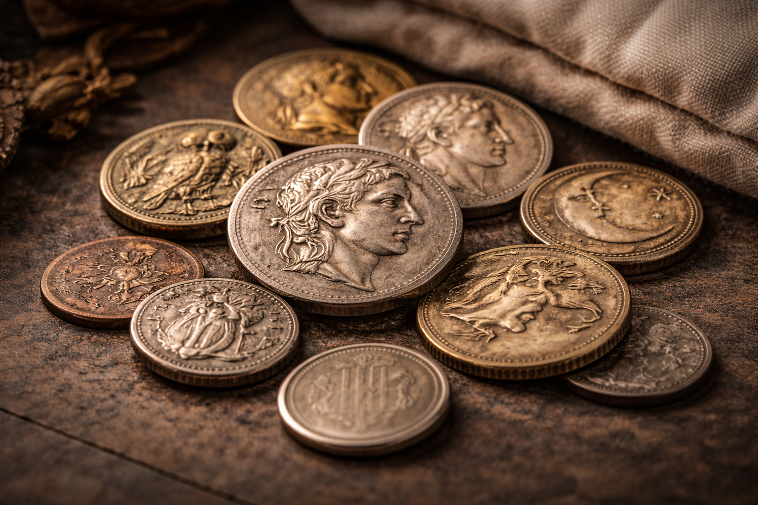 Close view of old coins with worn engravings and aged patina arranged on a textured surface.