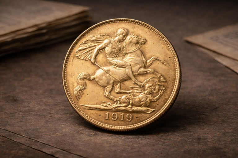 Close view of the 1919 British gold sovereign showing the Saint George and the Dragon design and aged gold surface.