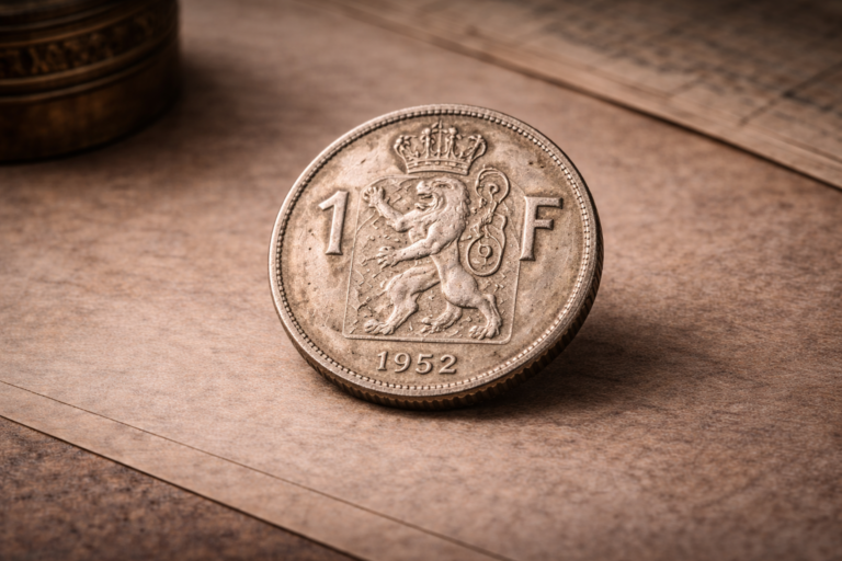 Close view of the 1952 Belgian 1 franc coin showing national symbols and aged metal surface.