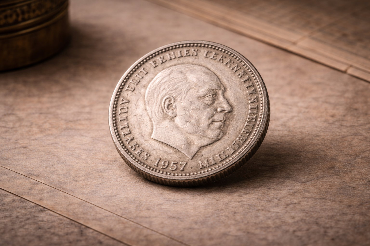 Close view of the 1957 Spanish 5 pesetas coin showing Franco-era symbols and aged silver surface.