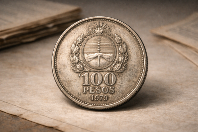 Close view of the 1979 Argentinian 100 pesos coin showing national symbols and aged metal surface.