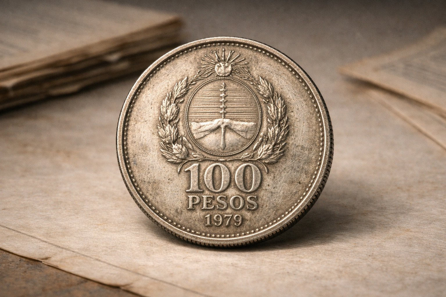 Close view of the 1979 Argentinian 100 pesos coin showing national symbols and aged metal surface.