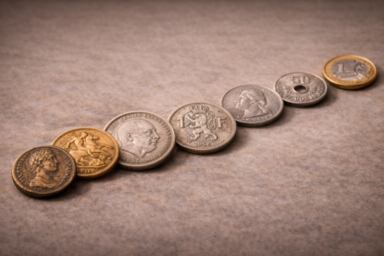 Close view of twentieth century coins from different countries showing a transition from imperial designs to modern styles.