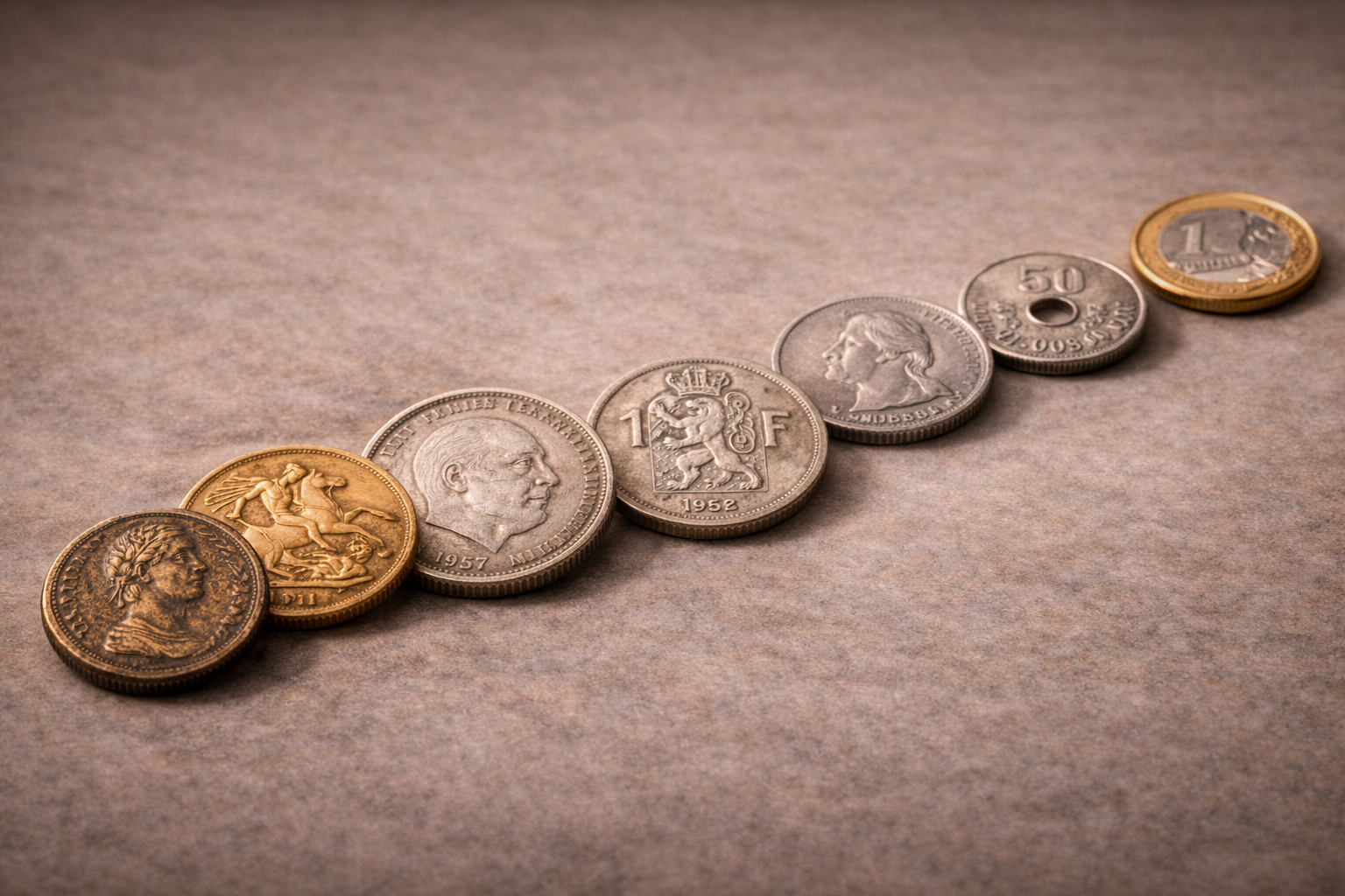 Close view of twentieth century coins from different countries showing a transition from imperial designs to modern styles.