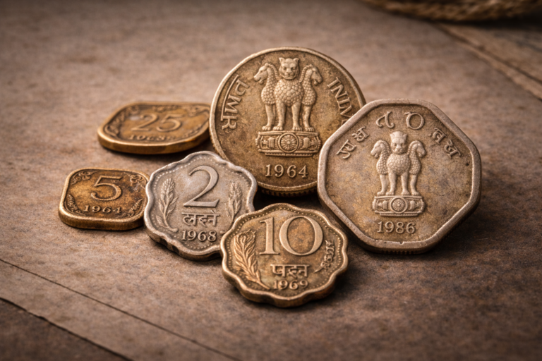 Close view of unusual Indian coins from the 1960s and 1980s showing varied designs and aged metal surfaces.