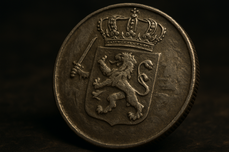 Cinematic 3D illustration of the historic Dutch guilder symbolizing trade influence and its journey across multiple empires