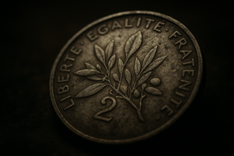 Cinematic 3D illustration of a historic French two francs coin symbolizing survival and resilience during wartime history