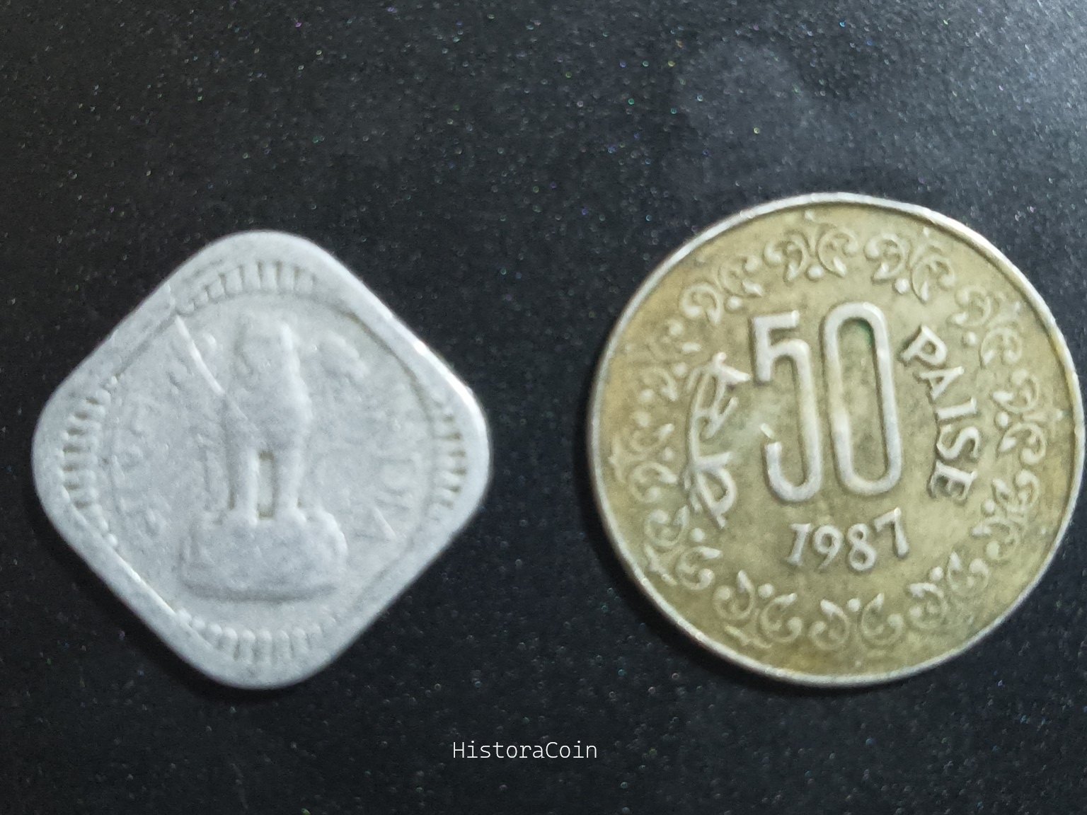 Unusual Indian Coins: square 5 paise from the 1960s and round 50 paise from the 1980s