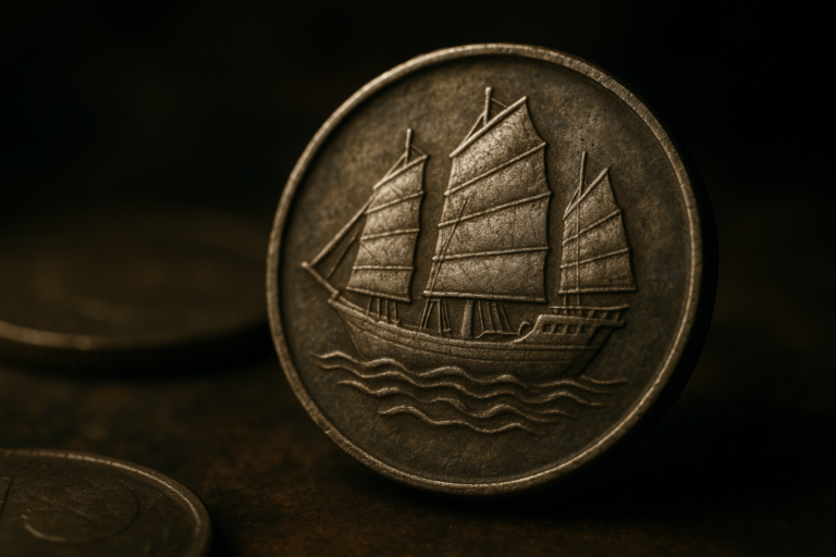 Cinematic 3D illustration of a historic Singapore maritime coin symbolizing seafaring heritage and a hidden chapter in the nation’s coin history