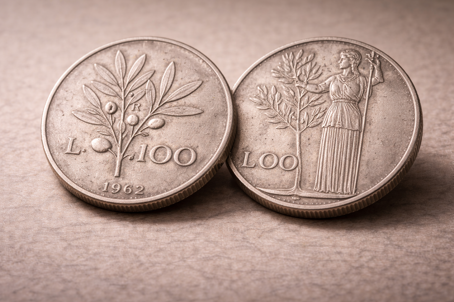 Close view of a 1962 Italian coin showing national symbolism and aged metal surface.