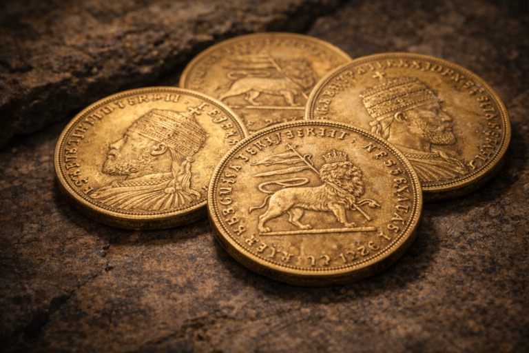 Close view of Ethiopian gold coins from the era of Emperor Menelik II showing imperial designs and aged gold surfaces.