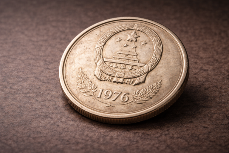 Close view of a 1976 Chinese coin showing period design details and aged metal surface.