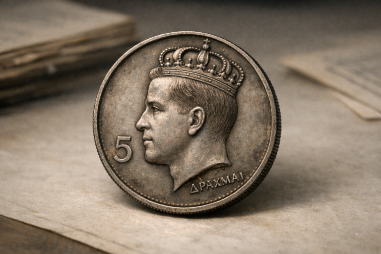 Close view of a Greek 5 drachma coin showing the portrait of Greece’s last king and aged metal surface.