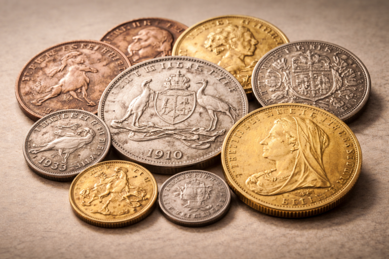 Close view of a collection of rare Australian coins from different historical periods showing varied metal surfaces and designs.