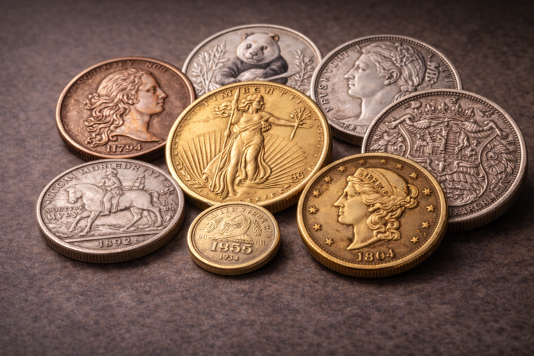 Close view of a curated selection of highly sought-after collector coins showing varied designs and aged metal surfaces.