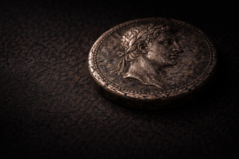 Close view of a darkened Roman denarius showing heavy patina and imperial design details.
