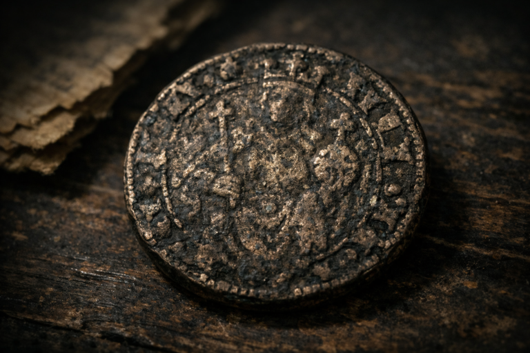 Close view of a medieval European penny showing heavy wear and darkened surface patina.