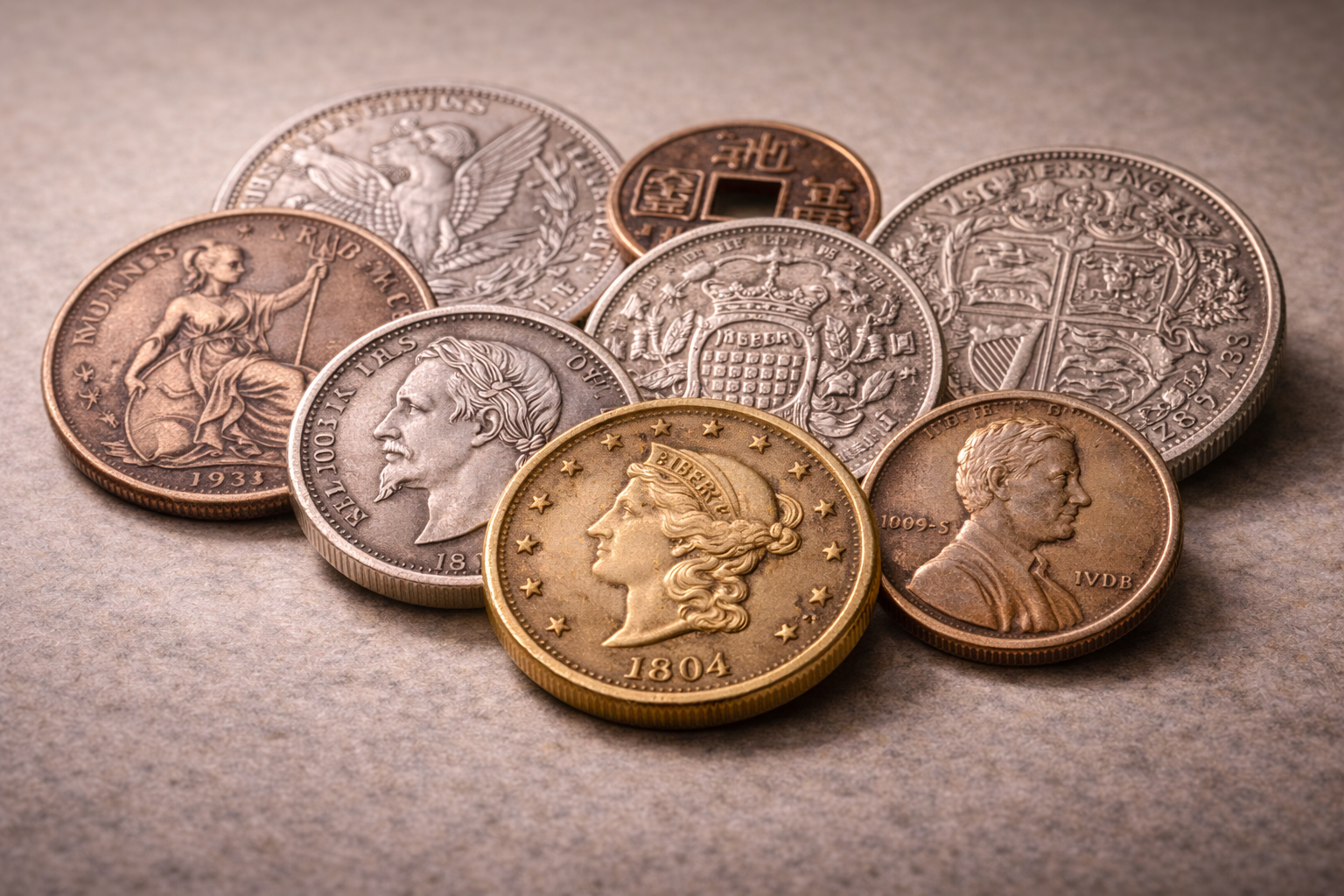Close view of a selection of vintage coins from different eras showing varied metal surfaces and aged patina.