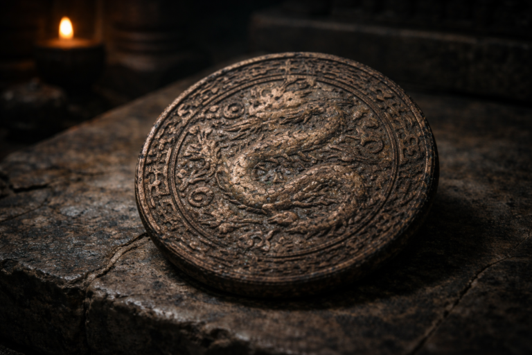 Close view of an ancient Asian coin featuring a dragon motif with aged surface patina.