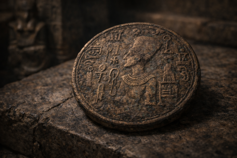 Close view of an ancient Egyptian coin showing faded symbolic engravings and aged surface patina.