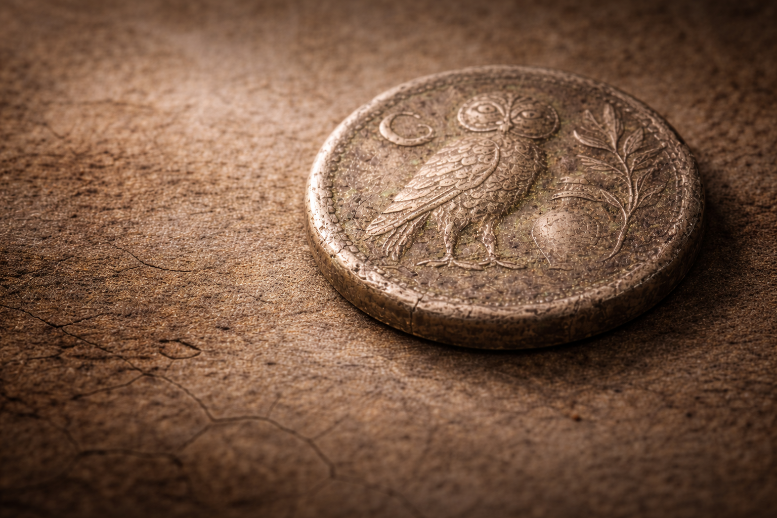 Close view of an ancient Greek drachma showing worn symbolic engravings and aged silver patina.
