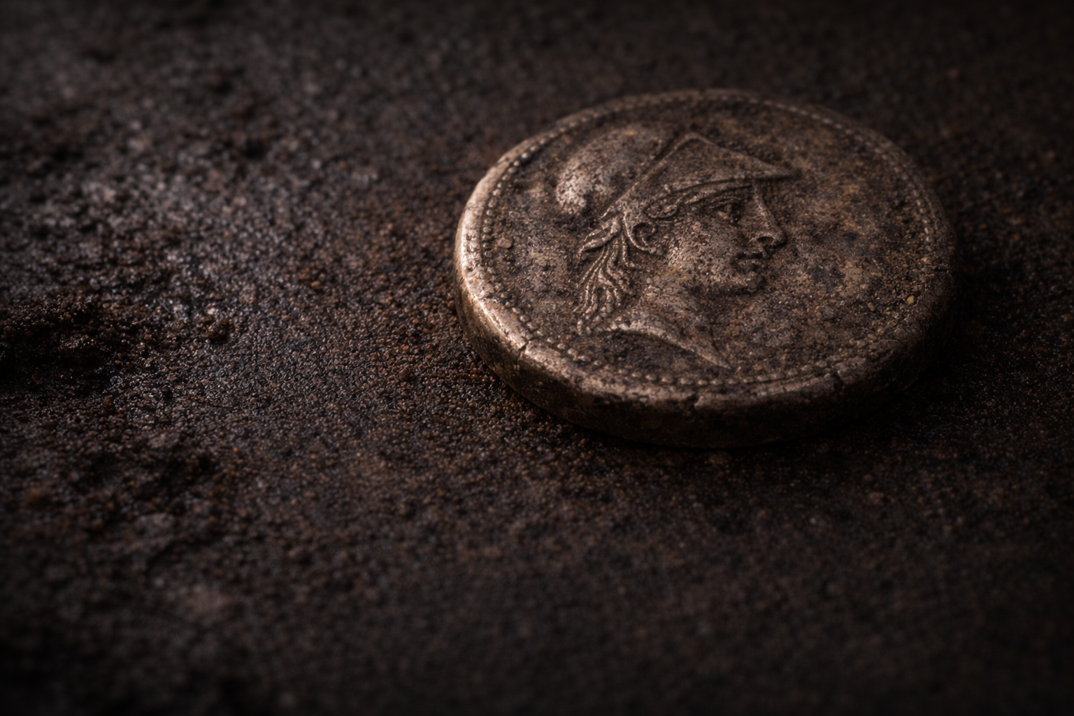 Close view of an ancient Greek obol showing heavy wear, burial patina, and sediment traces.