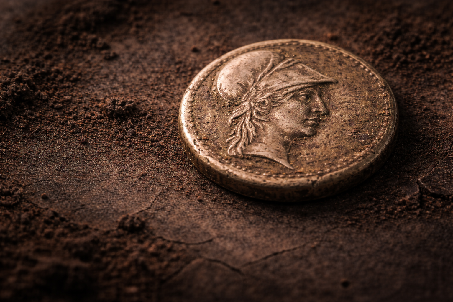 Close view of an ancient Greek obol showing worn engravings and burial-related surface patina.