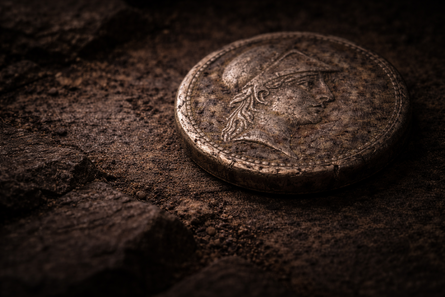 Close view of an ancient Greek stater showing heavy wear, mineral patina, and burial-related surface details.