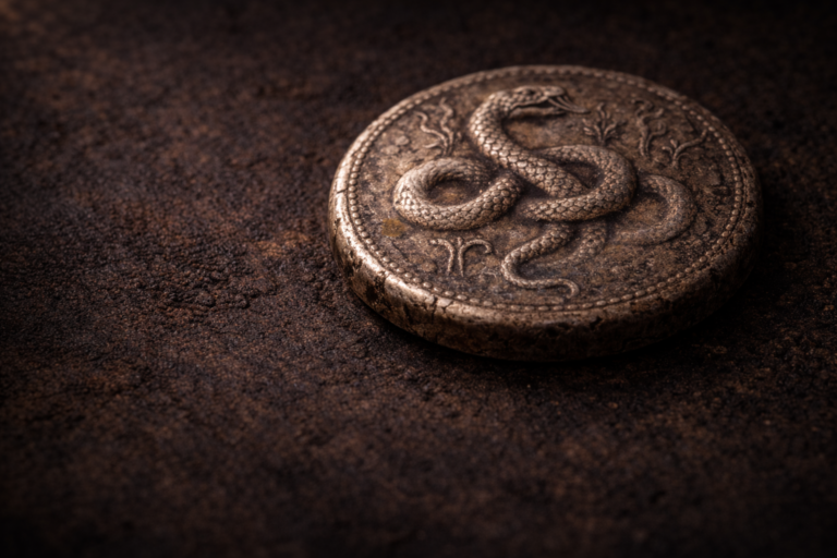Close view of an ancient Greek tetradrachm showing serpent imagery and aged silver surface details.