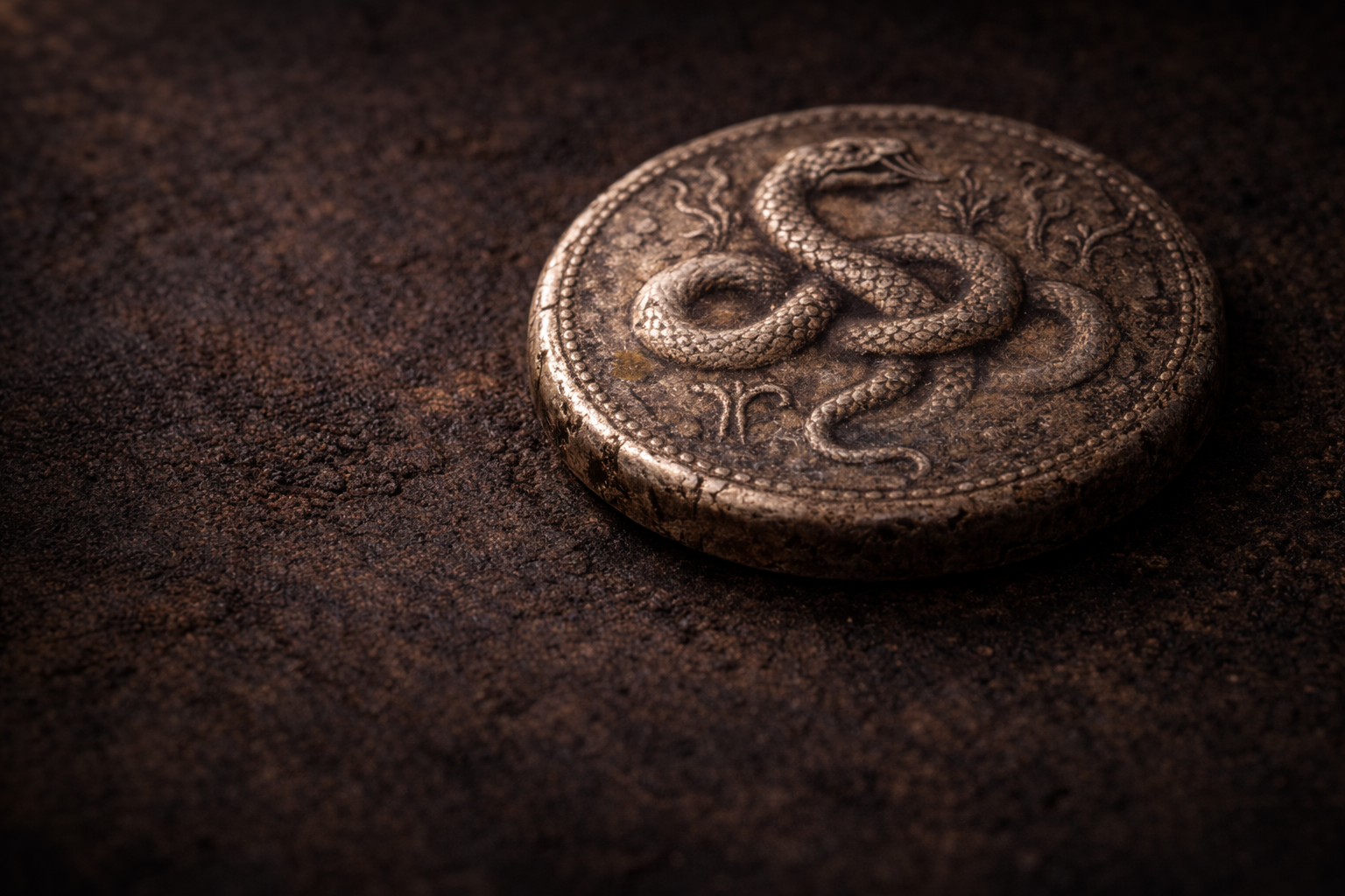Close view of an ancient Greek tetradrachm showing serpent imagery and aged silver surface details.
