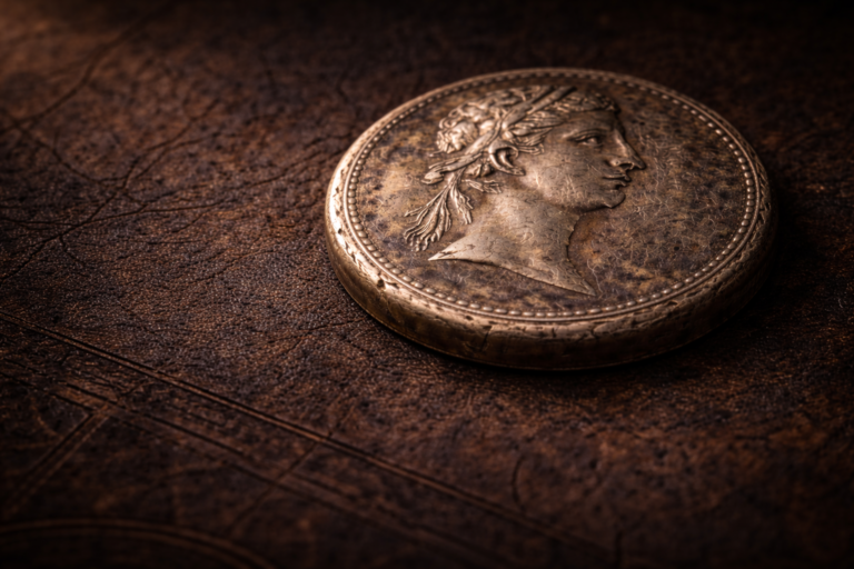 Close view of an ancient Roman coin showing an imperial portrait and aged surface details.