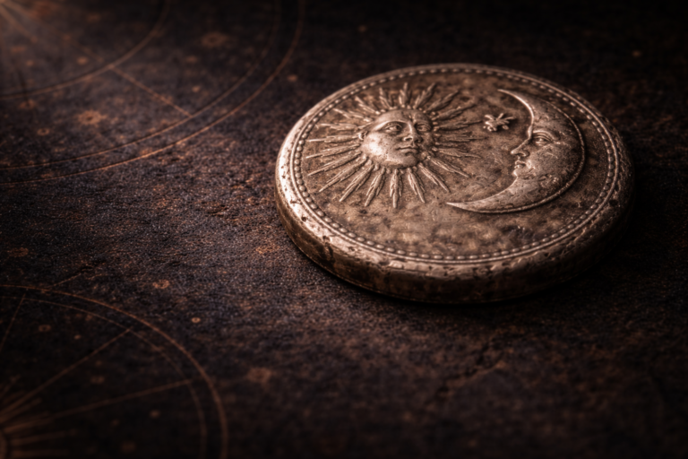 Close view of an ancient Roman denarius showing aged silver patina and symbolic engravings.