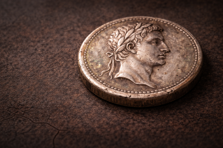 Close view of an ancient Roman silver coin showing imperial imagery and natural silver patina.