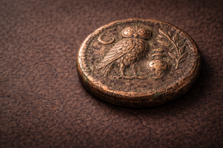 Close view of an ancient bronze coin with faded symbolic engravings and aged patina.
