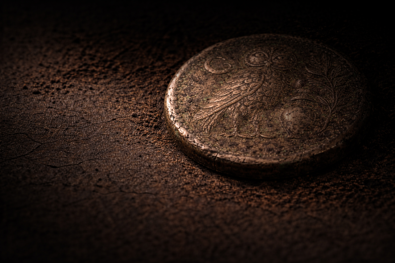Close view of an ancient coin partially obscured by shadow with heavily worn surface details.